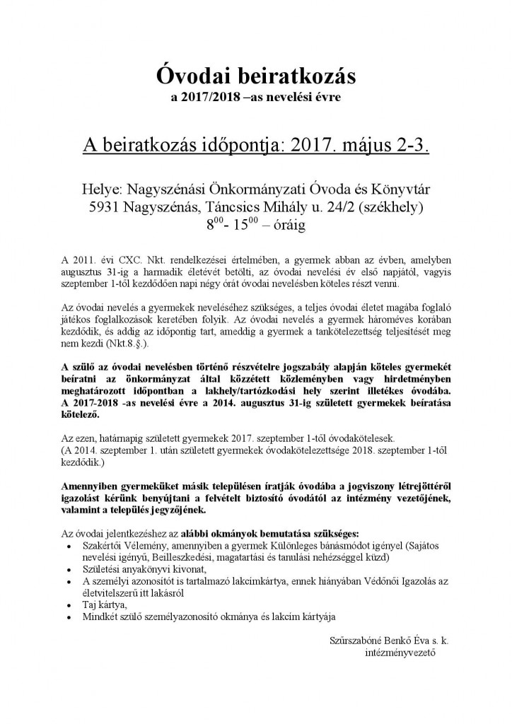 Óvodai beiratkozás 2017.