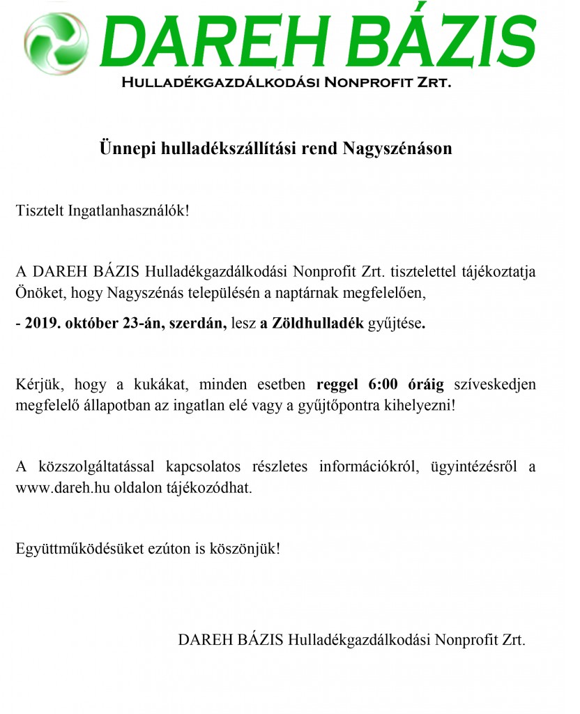 Ünnepi hulladékszállítási rend Nagyszénáson 10.23.