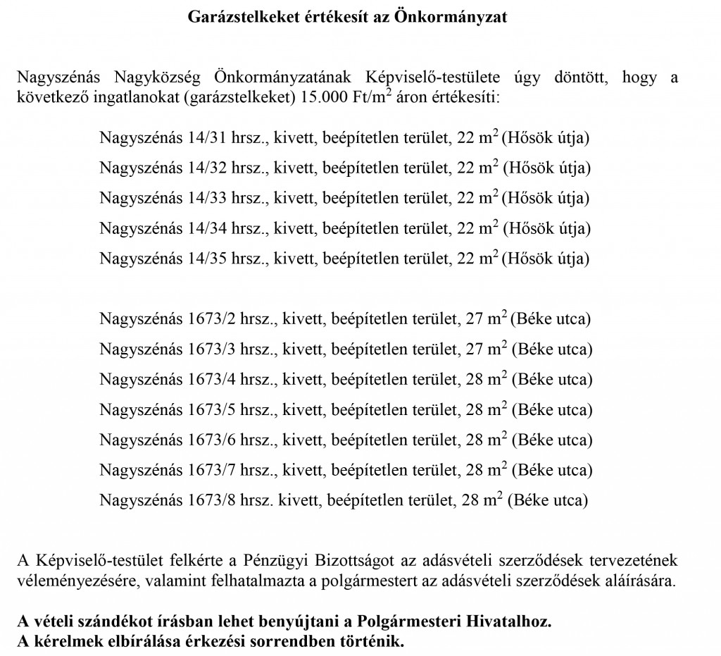 Garázstelkeket értékesít az Önkormányzat