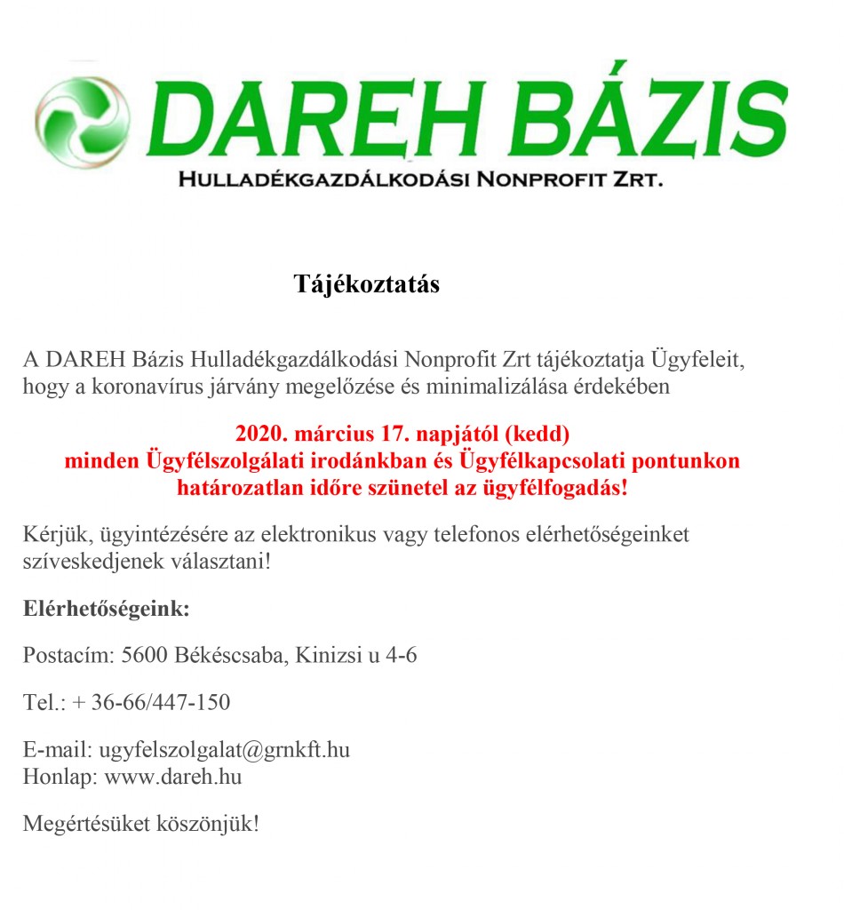 DAREH – ügyfélfogadás változása