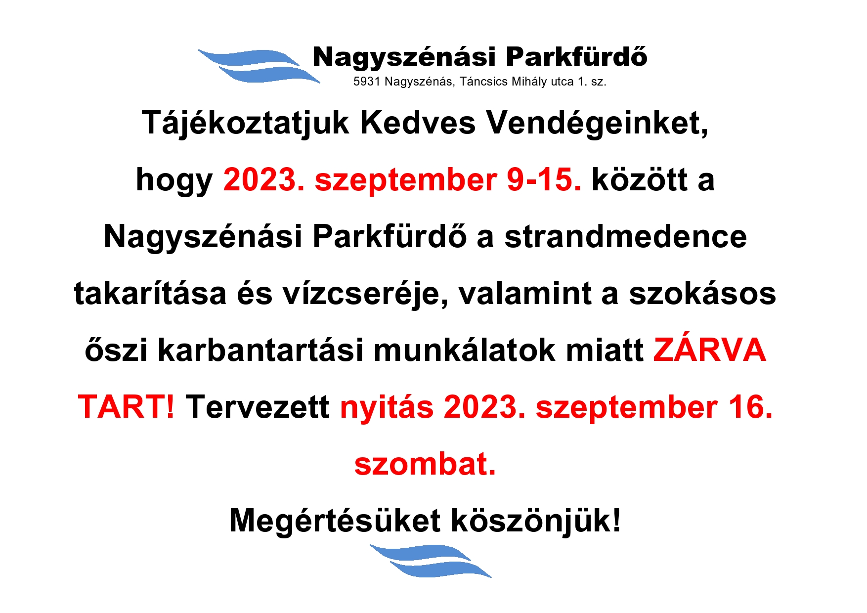 Parkfürdő tájékoztatója